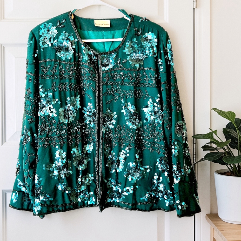 Vintage Beaded Silk Opera Jacket Forest Green Sequined Whimsigoth   Party  PXL